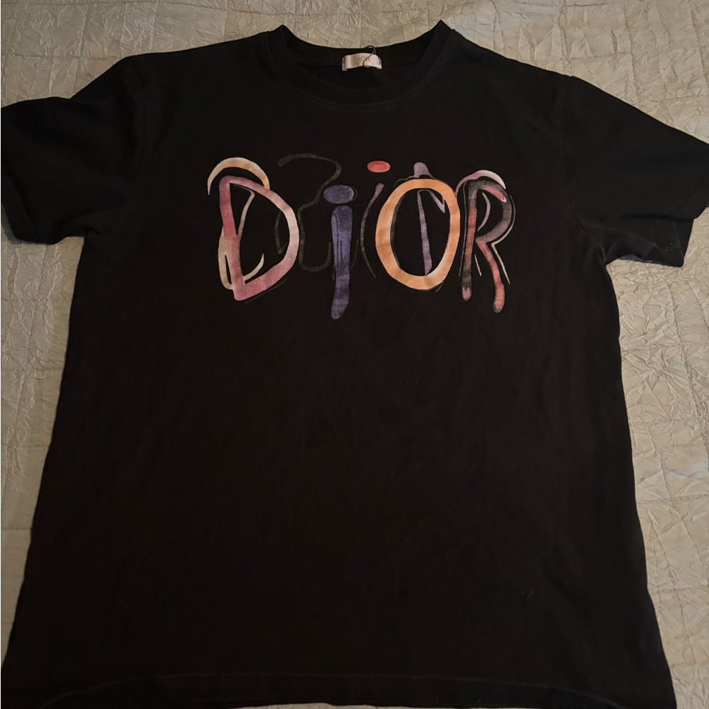 Dior Black Tee with Multicolor Logo